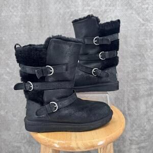 UGG Australia Boots Womens Size 7 Black Shearling Fur Buckle Mid Calf Winter